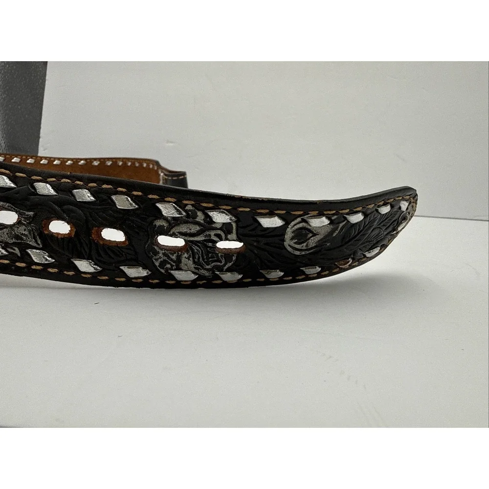 Vtg Hand Tooled Black Leather Belt Roses Embossed 